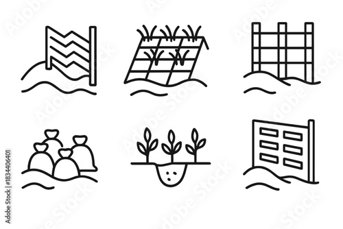 Sand Management Icons. Line style icons of sand management techniques: anti-sand barrier, grass grid stabilization, dune fence