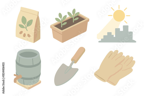 Pastel Garden Icons. Isometric vector illustration set Home garden elements: packet of seeds, window planter, sunbeam over city