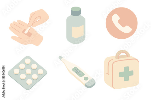 First Aid Essentials. Isometric vector illustration set of simple first aid guidance: clean and cover a small wound, disinfectant