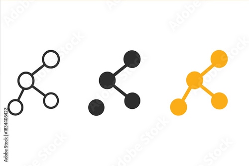 Abstract Network Icons. three minimal vector icons of abstract network nodes forming a smooth cascading pattern, line outline