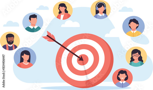 Diverse group of people focused on a bullseye target, symbolizing teamwork and reaching goals.