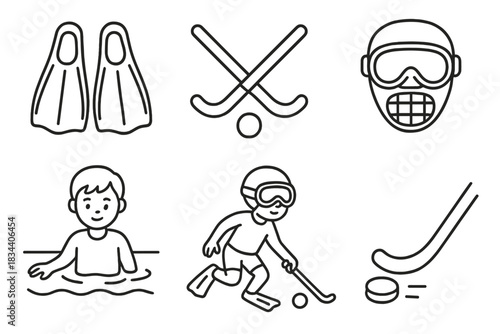 Youth Underwater Hockey Icons. Line style icons of youth underwater hockey: child-size fins, smaller stick set, beginner puck icon