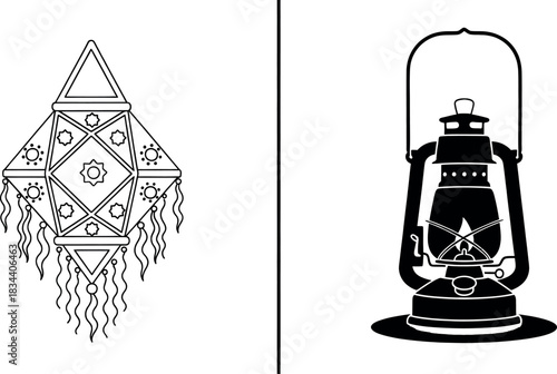 Black and white outline illustration of a traditional indian akashi lantern and a classic kerosene hurricane lamp