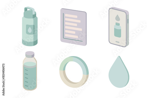 Hydration Tracker Icons. Isometric vector illustration set of hydration tracking tools: smart water bottle icon, daily intake