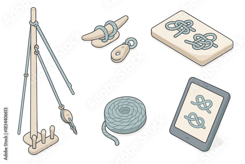 Sailing Rigging Essentials. Isometric vector illustration set of sailing rigging workflow: mast with rope lines, cleat and block,