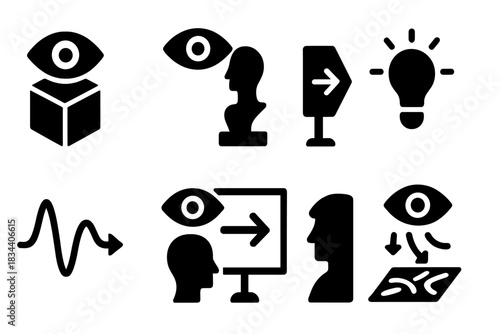 Observer-Influenced Art Icons. Solid style icons of observer-influenced art: eye icon over quantum cube, perception-driven