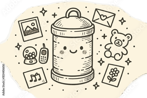 Whimsical Time Capsule. Whimsical doodle of a friendly time capsule surrounded by happy memories — postcards, gadgets, and