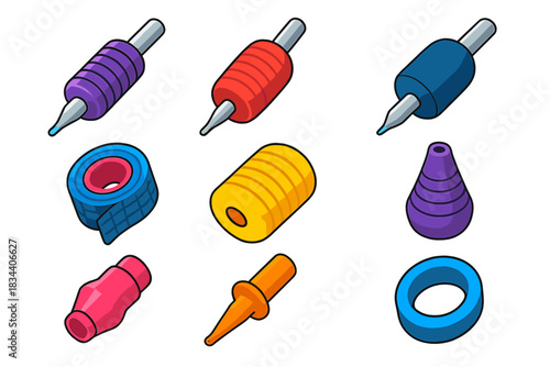 Tattoo Equipment Icons. Isometric vector illustration set Tattoo equipment – tattoo grip, ergonomic grip, disposable grip; grip