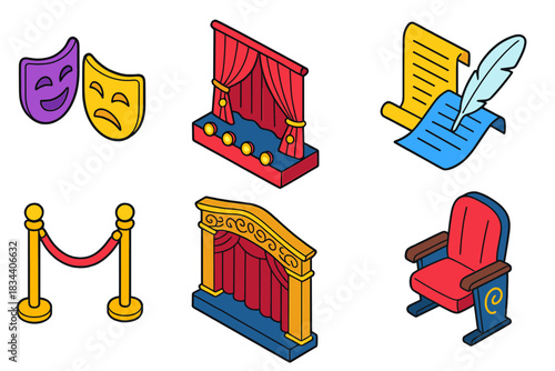 Classic Literature Icons. Isometric vector illustration set Classic literature – theater mask, stage curtain, footlight; playbill,