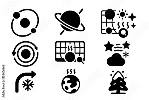 Extraterrestrial Season Symbols. Solid style icons of extraterrestrial seasons: binary orbit cycles, eccentric tilt icons, shadow