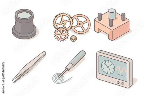 Watchmaker's Toolkit Icons. Isometric vector illustration set of watchmaker workstation: loupe, gear and wheel set, movement