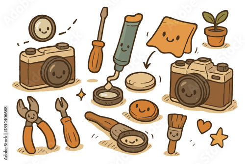 Lens Restoration Art. Cute doodle infographic-style artwork of the lens restoration process shown with happy tools and vintage