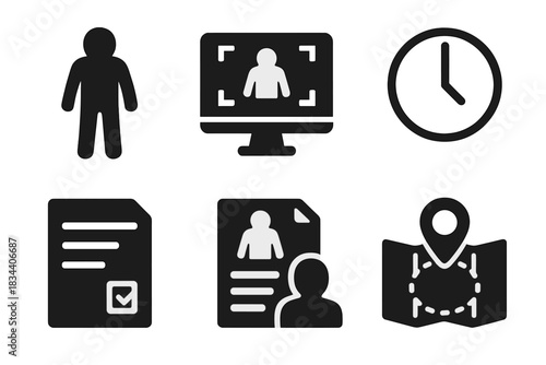 Cryptid Investigation Icons. Line style icons of Cryptid Research: Humanoid shadow, digital enhancement icon, time of sighting,