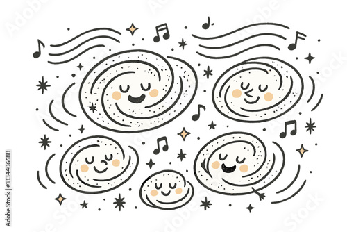 Celestial Concert Doodle. Charming doodle vector of celestial concert scene where happy galaxies hum along to gravitational wave