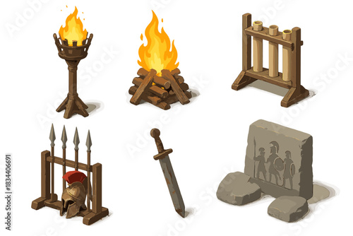 Ancient Warfare Icons. Isometric vector illustration set of Historical warfare: ancient torch beacon, signal fire stack, war
