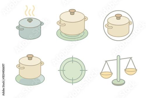 Culinary Precision Icons. Isometric vector illustration set Culinary precision icons: small pot silhouettes, measured steam trails