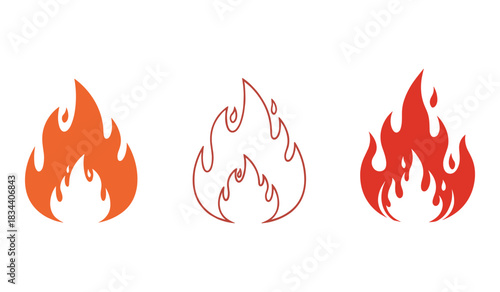 Orange Red and Outline Fire Flame Icons on White Background heat energy