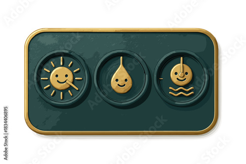 Sleek Climate Control Panel. a sleek microclimate control panel with dials for light, humidity, and warmth shown as cheerful icons