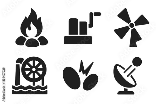 Primitive Energy Icons. Solid style icons of primitive energy sources: fire pits, hand-cranked generators, water wheels,