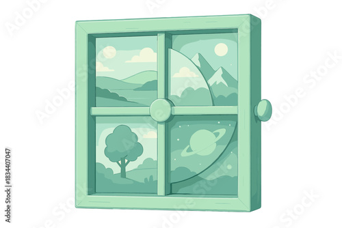 Worlds Through Glass. a small window frame with rotating glass panes showing different worlds through each, mint and sky palette,