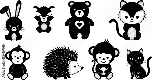 Collection of cute black and white cartoon baby animal icons including a rabbit, fox, bear, monkey, hedgehog, and cat