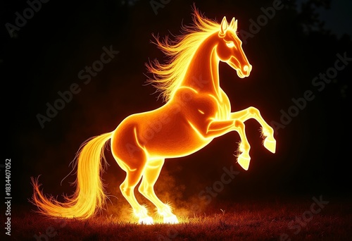 A flaming silhouette of a rearing horse against a black background. Low-key photo. Chinese New Year of the Fire Horse