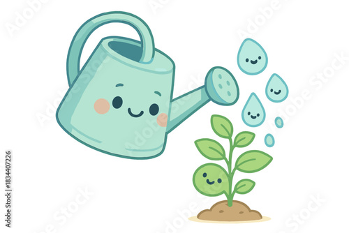 Playful Watering Can. A playful watering can nurturing a growing skill plant, smiling droplets and tiny leaves, soft rounded