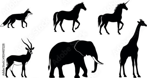 Collection of black silhouette icons representing various animal species including a fox, horse, unicorn, antelope, elephant, and giraffe