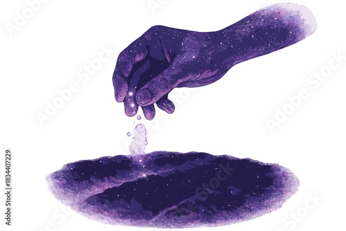 Cosmic Gardener's Hand. a cosmic gardener’s hand sowing tiny stardust seeds into a glowing void soil, amethyst and pearl tones, No
