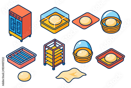 Baking Tool Icons. Isometric vector illustration set Baking tools – dough proofer, proofing box, proofing mat; humidity tray,