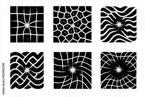 Optical Energy Icons. Solid style icons of optical energy: glowing illusion grid, shimmering false mosaic, vibrating mirage