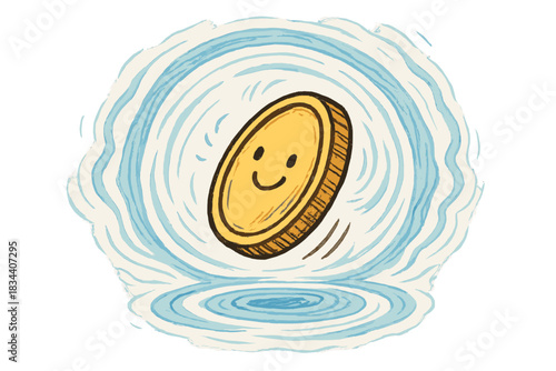 Coin Mid-Flip Portal. Charming doodle coin mid-flip surrounded by concentric portal rings, reality bending gently around it, No