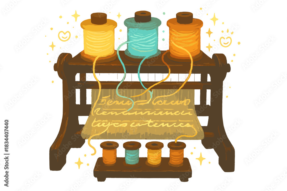 Fototapeta premium Magical Weaving Station. A magical weaving station with multiple spools of glowing thread forming letters and sentences, tiny
