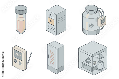 Biomedical Preservation Modules. Isometric vector illustration set of biomedical preservation modules: vitrification vial, secure