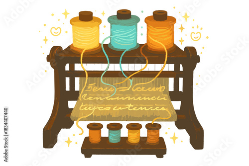 Magical Weaving Station. A magical weaving station with multiple spools of glowing thread forming letters and sentences, tiny