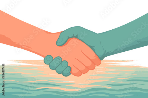 Handshake Over Sunrise Waters. a friendly handshake taking place over softly rippling water under a pastel sunrise, coral and teal