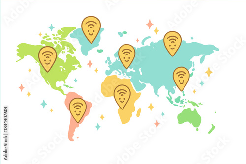Wi-Fi World Map. A playful world map with happy "reliable Wi-Fi" pins scattered, tiny sparkles around, gentle friendly colors, No
