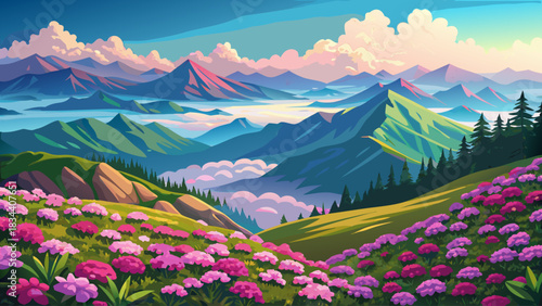 Very beautiful panoramic mountain fields filled with flowering pink rhododendrons beneath soft clouds, forming a colorful and refreshing highland landscape near the Carpathian region.
