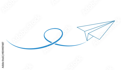 Blue Paper Airplane Flying with Swirling Trail on White Background Keywords: paper airplane, flying, blue, trail, swirl, loop, curve, line, origami, travel, journey, freedom, imagination