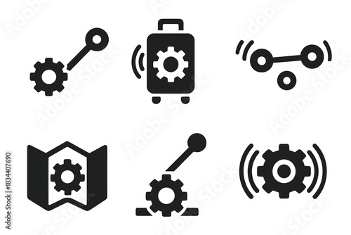 Mechanical Rhythm Icons. Solid style icons of mechanical rhythm: gear-linked path node, rotating travel hinge, bumping transport