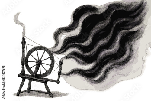 Whirling Ribbons. a delicate spinning wheel turning silhouettes into flowing ribbons of darkness and light, charcoal and violet