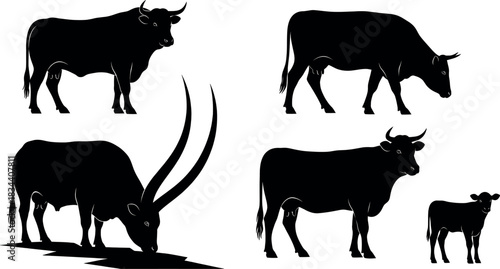 Collection of black silhouette vector illustrations of different bovine animals including bull, cow, calf, and oryx