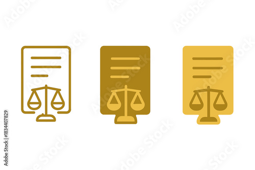 Ochre Justice Icons. three minimal vector icons of an ochre-toned contract with justice symbol overlay, line outline style, solid