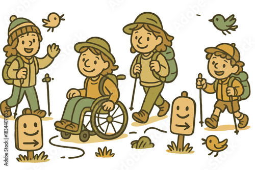 Whimsical Trail Adventure. Whimsical doodle of cute hikers, wheelchairs, and walking sticks enjoying friendly trails with smiling