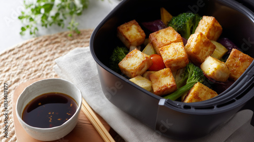 Air-fried tofu and vegetables with dipping sauce, healthy meal concept
