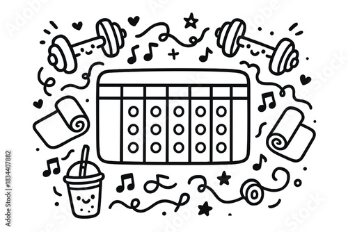 Charming Workout Doodle. Delightful doodle art of a workout tracker full of adorable gym icons — barbells, mats, smoothies, and