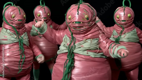 Colorful Whimsical Humanoid Creatures: Dynamic 3D Cartoon Character Design with Pink and Green Accents in Fantasy Art Illustration