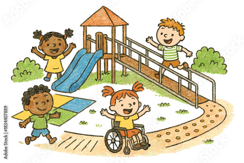 Playground Joyful Doodles. Whimsical doodle of cute children playing happily on inclusive playground features like ramps, soft