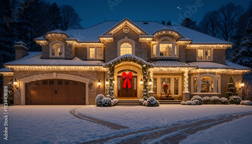 Beautiful luxury home decorated with christmas lights and a red bow in a snowy winter scene