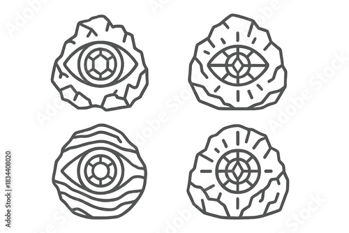 Mineral Eye Icon. Line style icons of a mineral eye on a rocky projection: circular gem set within jagged stone, crystalline core